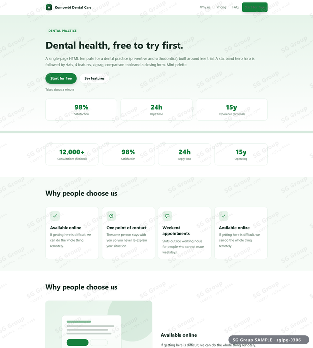 Thumbnail of Dental Practice — Free Trial | stat band hero, Mint, an HTML landing-page template for dental practice aimed at free trial.