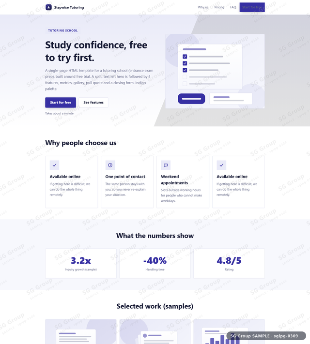 Thumbnail of Tutoring School — Free Trial | split, text left, Indigo, an HTML landing-page template for tutoring school aimed at free trial.