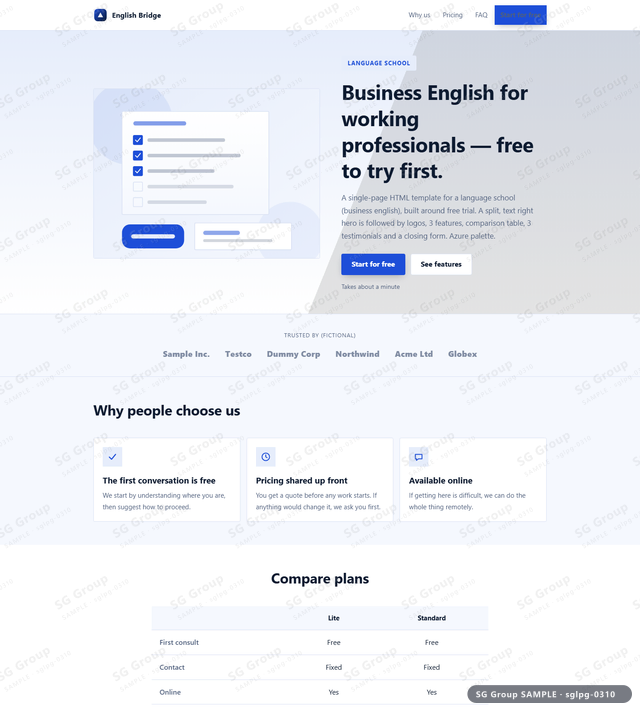 Thumbnail of Language School — Free Trial | split, text right, Azure, an HTML landing-page template for language school aimed at free trial.