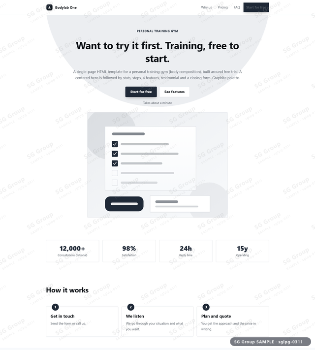 Thumbnail of Personal Training Gym — Free Trial | centered, Graphite, an HTML landing-page template for personal training gym aimed at free trial.