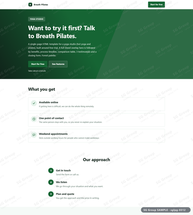 Thumbnail of Yoga Studio — Free Trial | full-bleed overlay, Forest, an HTML landing-page template for yoga studio aimed at free trial.