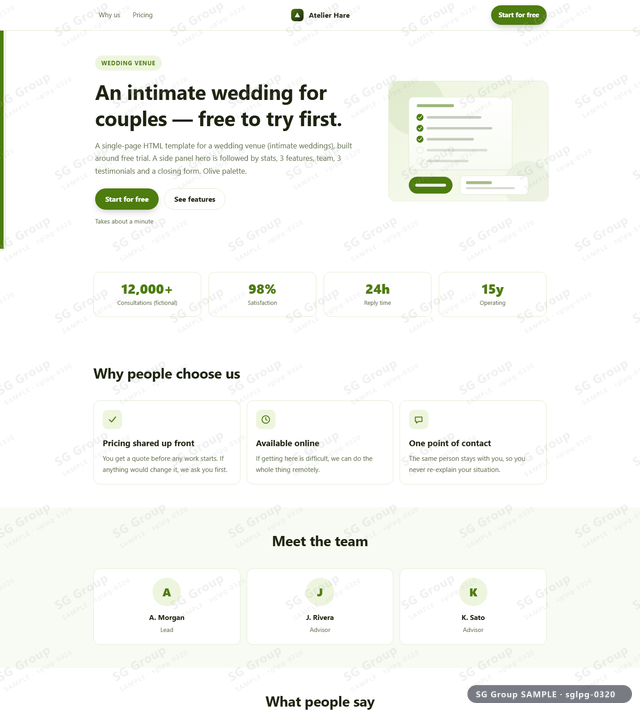 Thumbnail of Wedding Venue — Free Trial | side panel, Olive, an HTML landing-page template for wedding venue aimed at free trial.