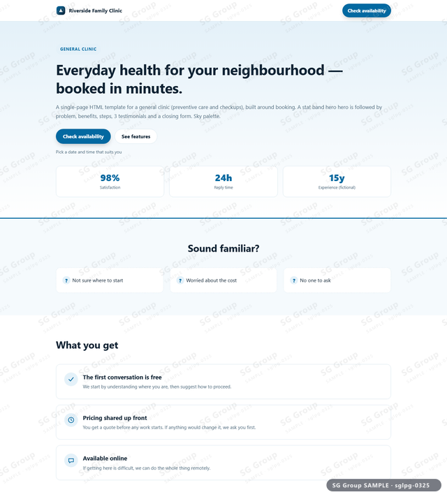 Thumbnail of General Clinic — Booking | stat band hero, Sky, an HTML landing-page template for general clinic aimed at booking.
