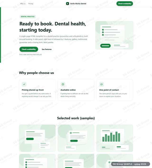 Thumbnail of Dental Practice — Booking | side panel, right, Mint, an HTML landing-page template for dental practice aimed at booking.