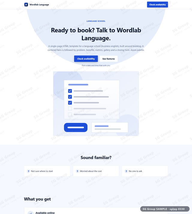 Thumbnail of Language School — Booking | centered, Azure, an HTML landing-page template for language school aimed at booking.