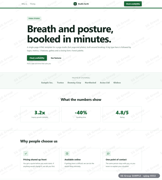 Thumbnail of Yoga Studio — Booking | big type, Forest, an HTML landing-page template for yoga studio aimed at booking.