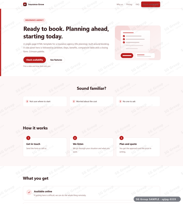 Thumbnail of Insurance Agency — Booking | side panel, Crimson, an HTML landing-page template for insurance agency aimed at booking.