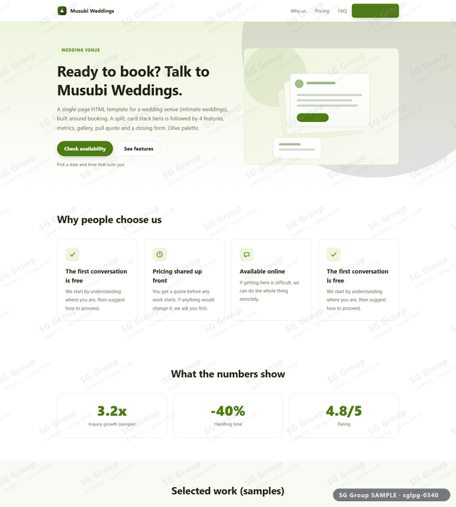 Thumbnail of Wedding Venue — Booking | split, card stack, Olive, an HTML landing-page template for wedding venue aimed at booking.