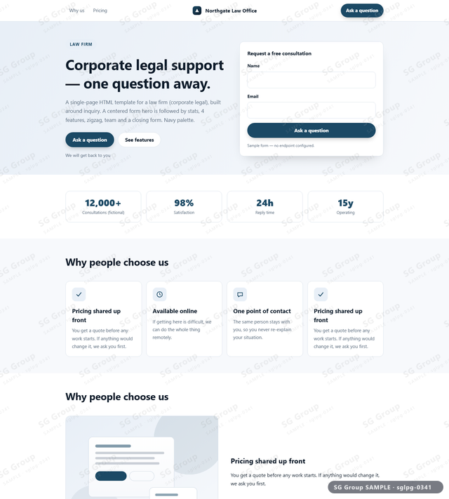 Thumbnail of Law Firm — Inquiry | centered form, Navy, an HTML landing-page template for law firm aimed at inquiry.