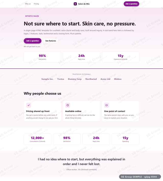 Thumbnail of Esthetic Salon — Inquiry | stat band hero, Plum, an HTML landing-page template for esthetic salon aimed at inquiry.