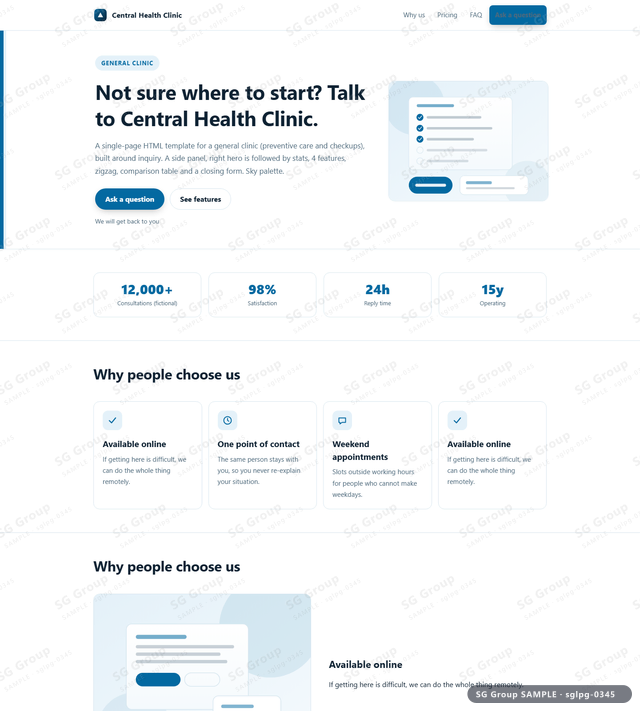 Thumbnail of General Clinic — Inquiry | side panel, right, Sky, an HTML landing-page template for general clinic aimed at inquiry.