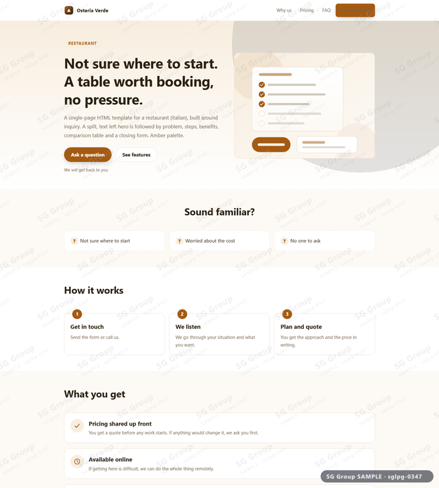 Thumbnail of Restaurant — Inquiry | split, text left, Amber, an HTML landing-page template for restaurant aimed at inquiry.