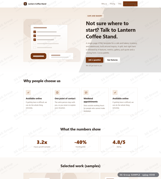 Thumbnail of Cafe and Bakery — Inquiry | split, text right, Cocoa, an HTML landing-page template for cafe and bakery aimed at inquiry.