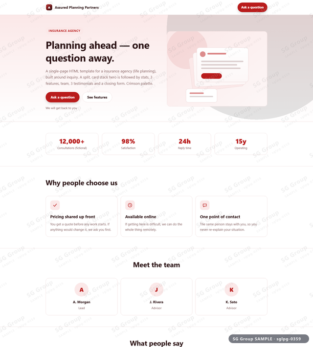 Thumbnail of Insurance Agency — Inquiry | split, card stack, Crimson, an HTML landing-page template for insurance agency aimed at inquiry.