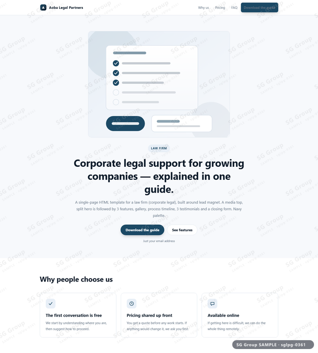 Thumbnail of Law Firm — Lead Magnet | media top, split, Navy, an HTML landing-page template for law firm aimed at lead magnet.