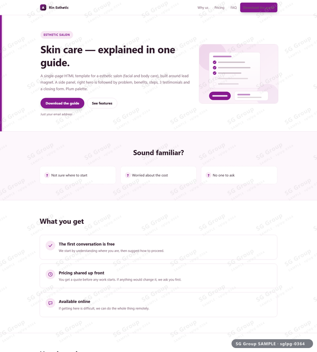 Thumbnail of Esthetic Salon — Lead Magnet | side panel, right, Plum, an HTML landing-page template for esthetic salon aimed at lead magnet.