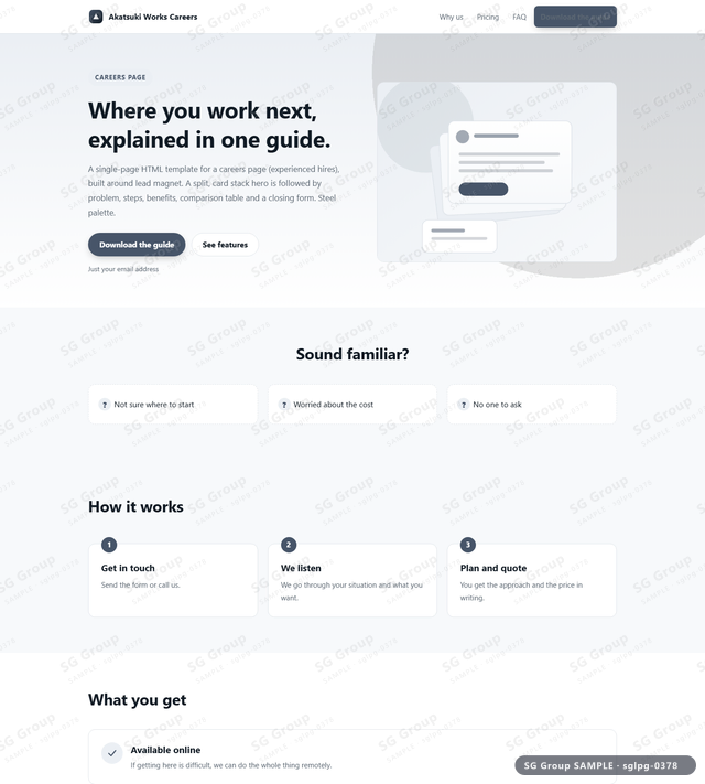 Thumbnail of Careers Page — Lead Magnet | split, card stack, Steel, an HTML landing-page template for careers page aimed at lead magnet.