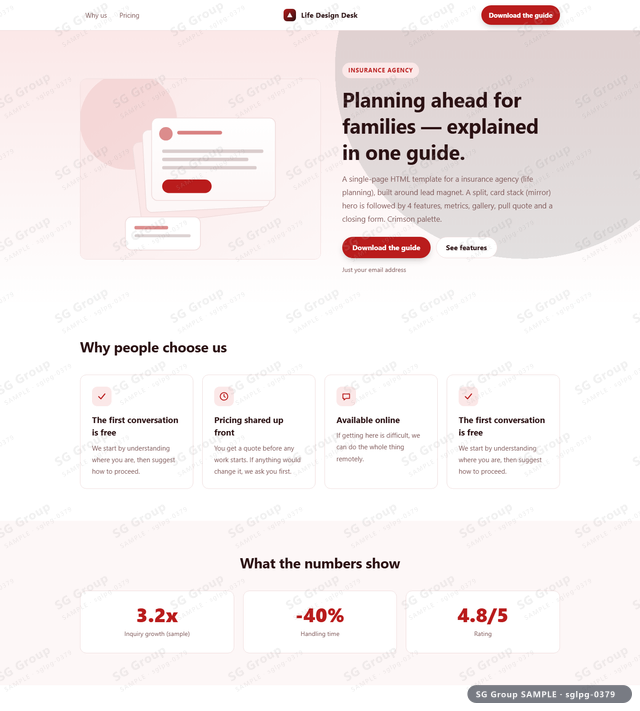 Thumbnail of Insurance Agency — Lead Magnet | split, card stack (mirror), Crimson, an HTML landing-page template for insurance agency aimed at lead magnet.