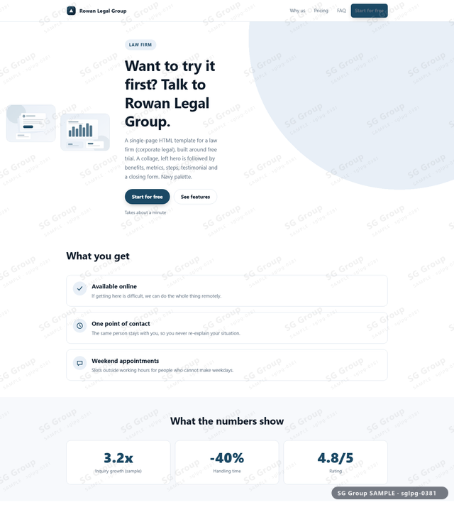 Thumbnail of Law Firm — Free Trial | collage, left, Navy, an HTML landing-page template for law firm aimed at free trial.