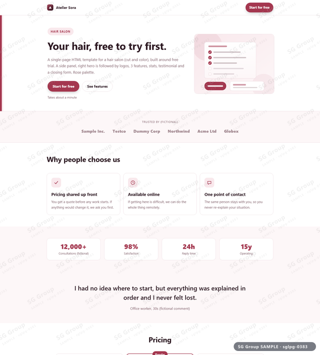 Thumbnail of Hair Salon — Free Trial | side panel, right, Rose, an HTML landing-page template for hair salon aimed at free trial.