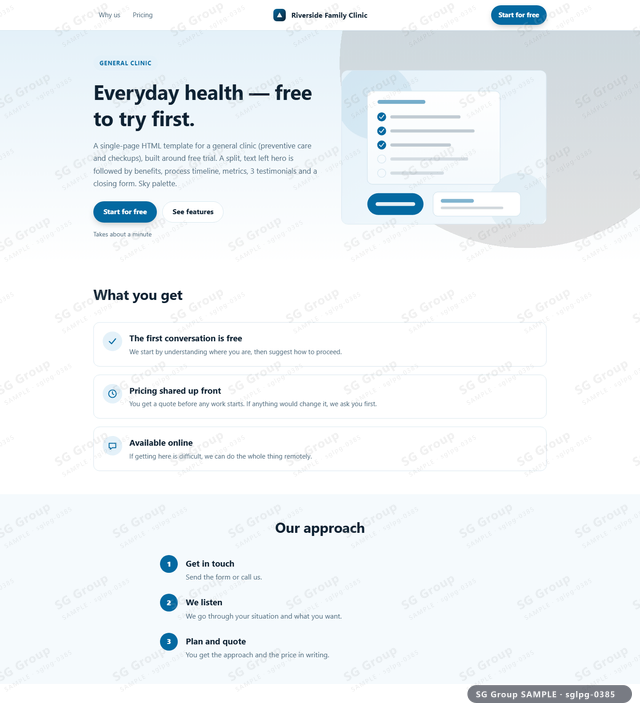 Thumbnail of General Clinic — Free Trial | split, text left, Sky, an HTML landing-page template for general clinic aimed at free trial.