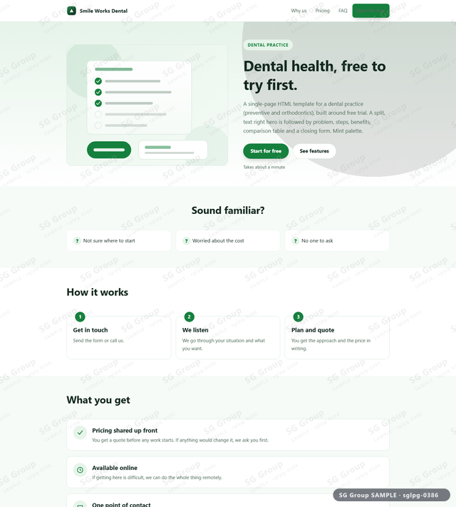 Thumbnail of Dental Practice — Free Trial | split, text right, Mint, an HTML landing-page template for dental practice aimed at free trial.