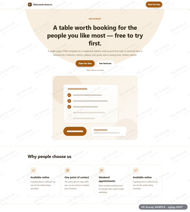 Thumbnail of Restaurant — Free Trial | centered, Amber, an HTML landing-page template for restaurant aimed at free trial.