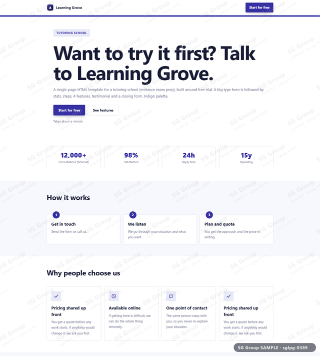 Thumbnail of Tutoring School — Free Trial | big type, Indigo, an HTML landing-page template for tutoring school aimed at free trial.