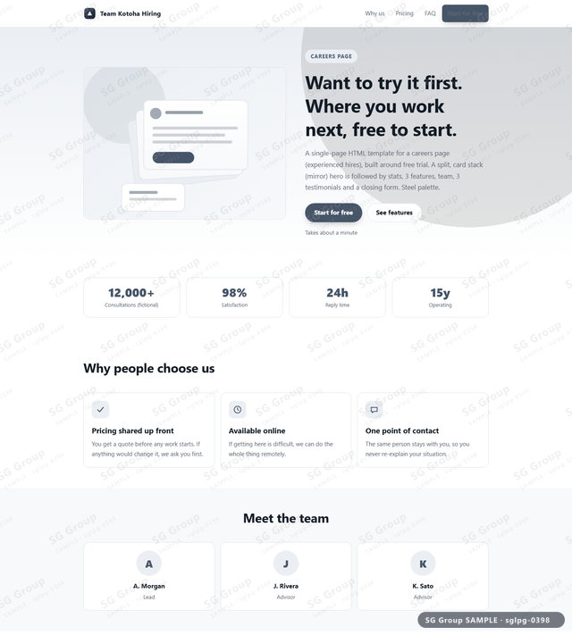 Thumbnail of Careers Page — Free Trial | split, card stack (mirror), Steel, an HTML landing-page template for careers page aimed at free trial.