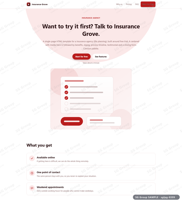 Thumbnail of Insurance Agency — Free Trial | centered with media, Crimson, an HTML landing-page template for insurance agency aimed at free trial.