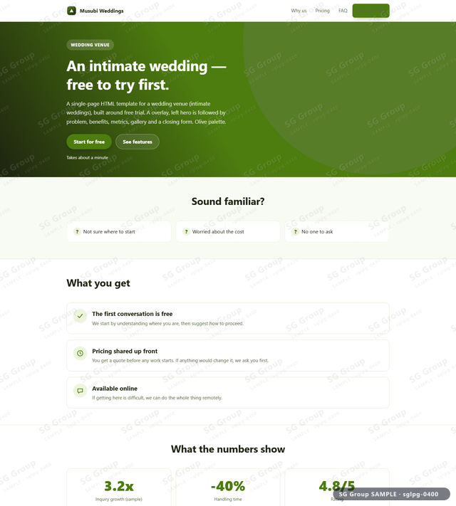 Thumbnail of Wedding Venue — Free Trial | overlay, left, Olive, an HTML landing-page template for wedding venue aimed at free trial.