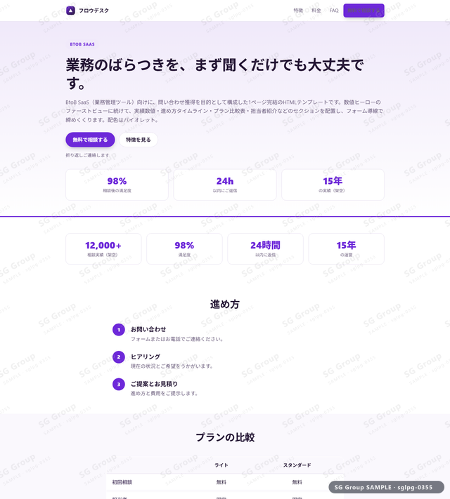 BtoB SaaS／問い合わせ獲得｜数値ヒーロー・バイオレットのサムネイル。BtoB SaaS向けに問い合わせ獲得を狙うHTML LPテンプレートの全体トーンを一覧で確認できます。